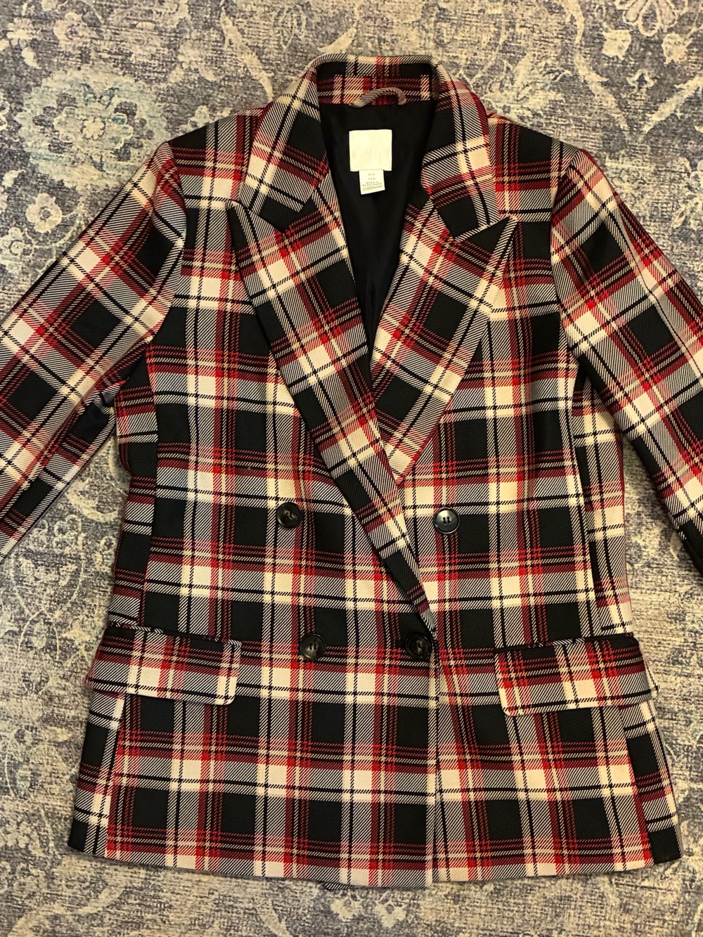 H&M Double-Breasted Plaid Blazer - Black, Red & Cream